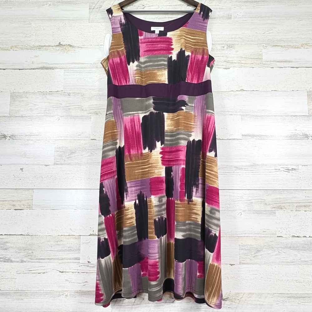 Dressbarn Womens Abstract Brushstroke Print Midi Dress‎ Size 20 Purple Pink Gold